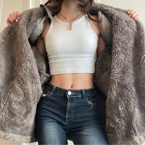 Vintage grey cream genuine sheepskin shearling jacket aviator style high end - Picture 5 of 8